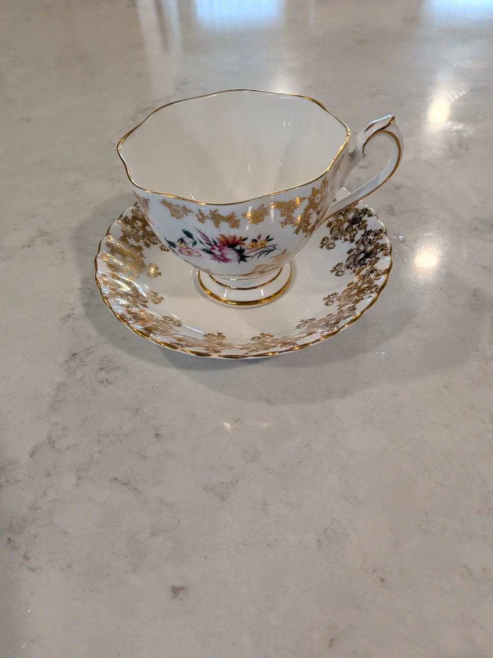 Vintage 1950s Bone China White and Gold Floral Teacup & Saucer Different Maker